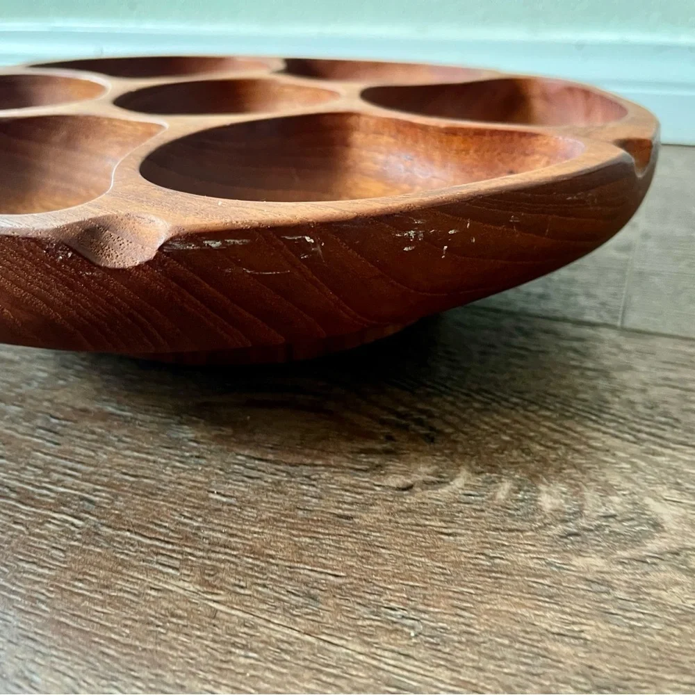 Vintage Teak Wood Lazy Susan Carousel Serving Bowl 12